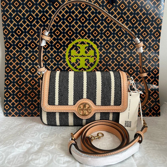 Tory Burch Felix Striped Canvas Mini Flap Shoulder Bag Crossbody Canvas Black - Picture 1 of 11